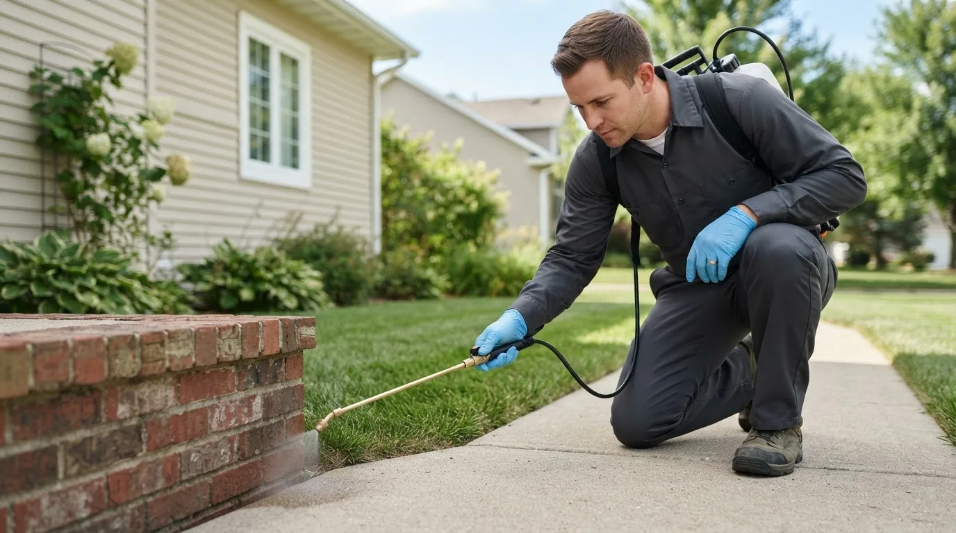 Pest control technician treating a home near Hutchinson, MN
